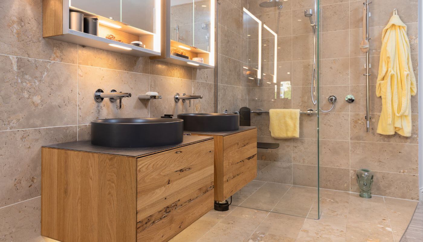 A vanity unity with a reclaimed Venetian oak drawer.