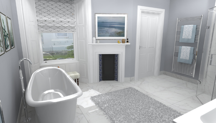A spacious bathroom design in a white colour scheme. A freestanding bath and shower area.
